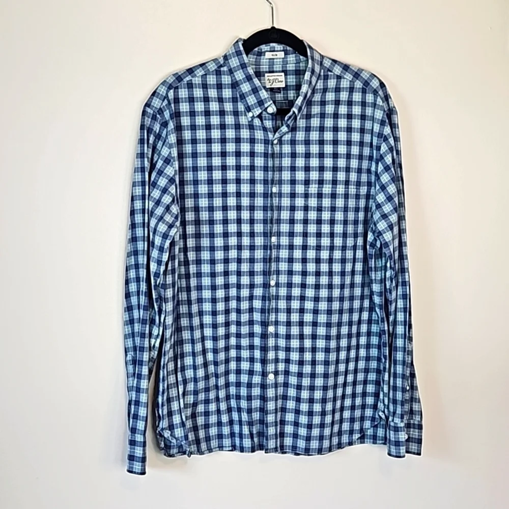 J Crew Blue White Plaid Dress Shirt Slim Fit Extra Large